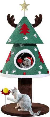 GOOBED Christmas Cat Tree with Reindeer Ears & Star Top, 47" Cat Tower with Cozy Bed, Teaser Ball & Snowflake Ornaments, Festive Cat Furniture for Indoor, Christmas Decoration, Green in Saudi Arabia