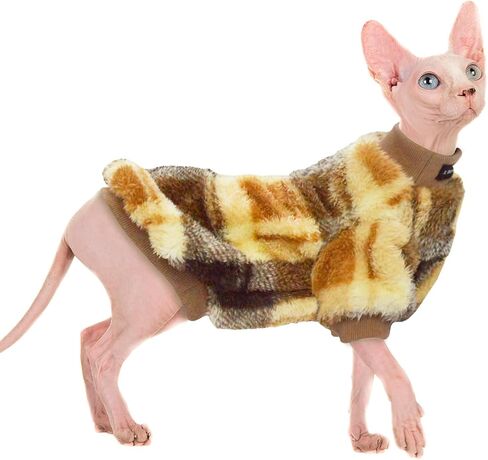 ملابس قطط Sphynx منقوشة بدون شعر من قماش الصوف الناعم الدافئ سترة بأكمام طويلة ملابس الحيوانات الأليفة بلوفر وقميص ملابس بيجامات للكلاب الصغيرة وسترات للحيوانات الأليفة (منقوشة، مقاس M) in Saudi Arabia