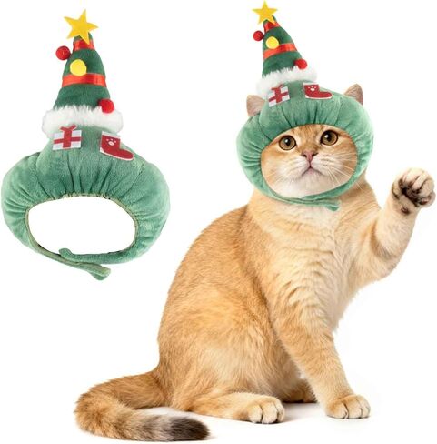 Christmas Tree Hat for Cat Pet, Headband Christmas Cat Hat with Star and Pompoms for Xmas Cosplay Costume Kitten Puppy Party Dress Up Accessories, Cosplay Party Clothing for Small Cat Dog in Saudi Arabia