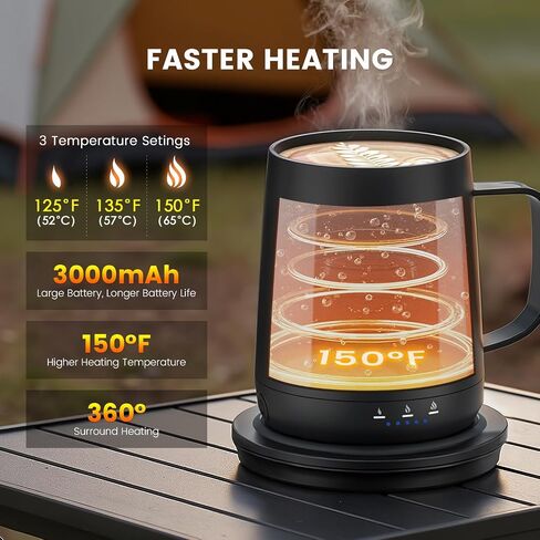 Smart Self Heating Coffee Mug,14oz Temperature Control Coffee Mug,Hot up to 150°F,Rechargeable Heated Coffee Mug,Up to 6H Battery Life,Coffee Cup Warmer,Great Gift for Coffee Lovers,Dad,Mom (Black) in Saudi Arabia