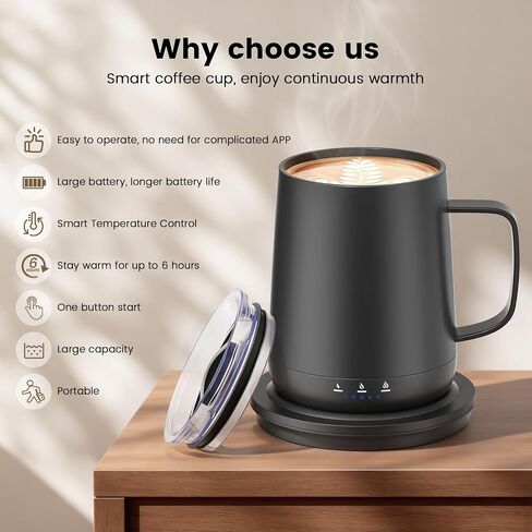 Smart Self Heating Coffee Mug,14oz Temperature Control Coffee Mug,Hot up to 150°F,Rechargeable Heated Coffee Mug,Up to 6H Battery Life,Coffee Cup Warmer,Great Gift for Coffee Lovers,Dad,Mom (Black) in Saudi Arabia