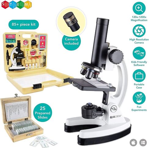 AmScope - M40-PS25W IQCREW من مجهر ممتاز للأطفال مكون من 85+ قطعة وكاميرا ملونة ومجموعة برامج تفاعلية للأطفال مع مجموعة شرائح احترافية مُجهزة مكونة من 25 قطعة in Saudi Arabia