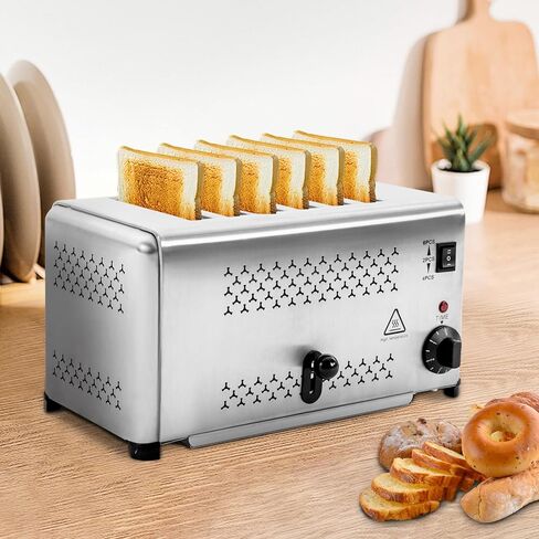 محمصة خبز كهربائية مكونة من 6 شرائح من الفولاذ المقاوم للصدأ، محمصة خبز كهربائية تجارية مع صينية فتات ومحمصة خبز مؤقت للمطبخ المنزلي ومطعم الخبز (3 أوضاع/1650 وات) in Kuwait