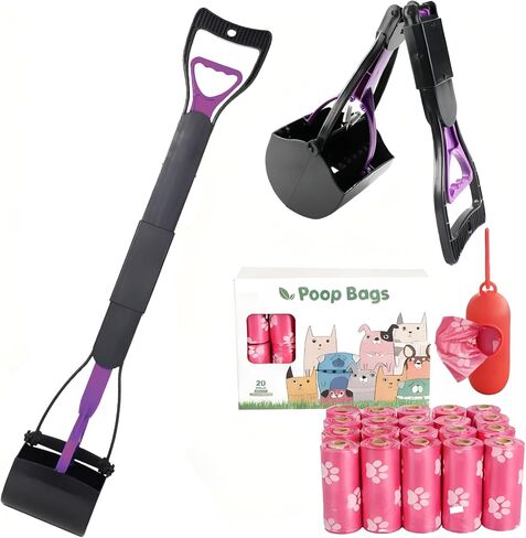 Poop Scooper for Dogs with 300 Bags & Dispenser - 32" Long Handle Heavy Duty Dog Poop Scooper - Portable Waste Jaw Rake for Grass & Gravel - No Bending Pet Waste Remover in Saudi Arabia