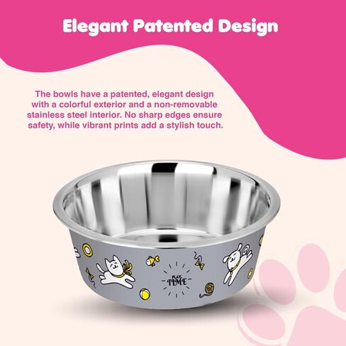 Stainless Steel Dog Bowls | Cat Bowls (Set of 2) - Anti Skid Dog Water Bowl | Cat Water Bowl - Dishwasher Safe - 13oz / 400ml – 12.3cm (Pale Turquoise Playtime Print) in Saudi Arabia