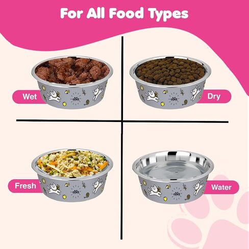 Stainless Steel Dog Bowls | Cat Bowls (Set of 2) - Anti Skid Dog Water Bowl | Cat Water Bowl - Dishwasher Safe - 13oz / 400ml – 12.3cm (Pale Turquoise Playtime Print) in Saudi Arabia