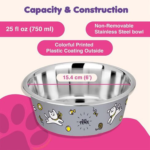 Stainless Steel Dog Bowls | Cat Bowls (Set of 2) - Anti Skid Dog Water Bowl | Cat Water Bowl - Dishwasher Safe - 13oz / 400ml – 12.3cm (Pale Turquoise Playtime Print) in Saudi Arabia
