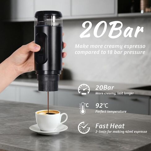 ماكينة اسبريسو محمولة، ماكينة صنع القهوة الكهربائية للسفر مع تسخين ذاتي ومنفذ USB-C، ضغط عالي 20 بار، متوافقة مع كبسولات القهوة والأرضيات (NS&DG) للتخييم، والمركبات الترفيهية، والمكتب، والسيارة in Kuwait