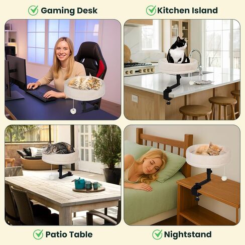 Zayana Cat Desk Bed - 360° Rotating & Adjustable Height Cat Bed Desk Mount with Soft Faux Fur Washable Cover, Space Saver Hammock for Home Office & Gaming Table, Stability Tested to 45lb, Grey in Saudi Arabia