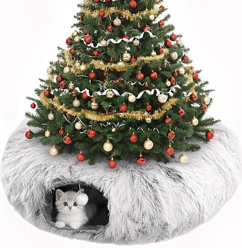 Cat Tunnel Christmas Tree Skirt, Cat Tunnel Bed for Indoor Cats with Hanging Ball, Soft Plush Cats Donut Cave with Washable Mat for Kittens, Rabbits, Puppies and Small Animals Christmas Decors, Grey in Saudi Arabia
