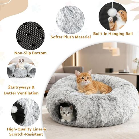 Cat Tunnel Christmas Tree Skirt, Cat Tunnel Bed for Indoor Cats with Hanging Ball, Soft Plush Cats Donut Cave with Washable Mat for Kittens, Rabbits, Puppies and Small Animals Christmas Decors, Grey in Saudi Arabia