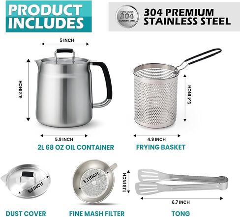 68oz 3-in-1 Stainless Steel Oil Filter Pot with Fine Mesh Oil Strainer & Tong, Heat-Resistant Handle, 2L Capacity Bacon Grease Container for Kitchen & Camping,Multi-Functional Frying Oil Container. in Saudi Arabia