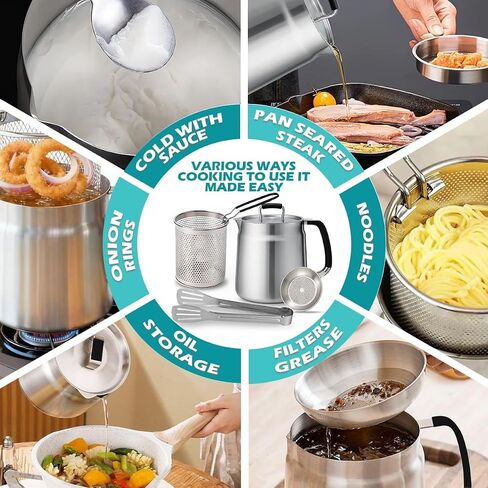 68oz 3-in-1 Stainless Steel Oil Filter Pot with Fine Mesh Oil Strainer & Tong, Heat-Resistant Handle, 2L Capacity Bacon Grease Container for Kitchen & Camping,Multi-Functional Frying Oil Container. in Saudi Arabia