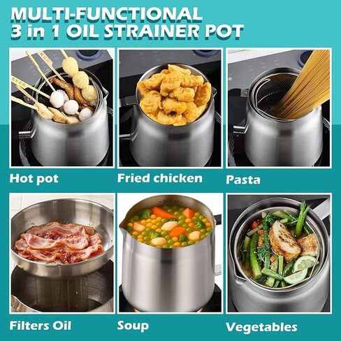 68oz 3-in-1 Stainless Steel Oil Filter Pot with Fine Mesh Oil Strainer & Tong, Heat-Resistant Handle, 2L Capacity Bacon Grease Container for Kitchen & Camping,Multi-Functional Frying Oil Container. in Saudi Arabia