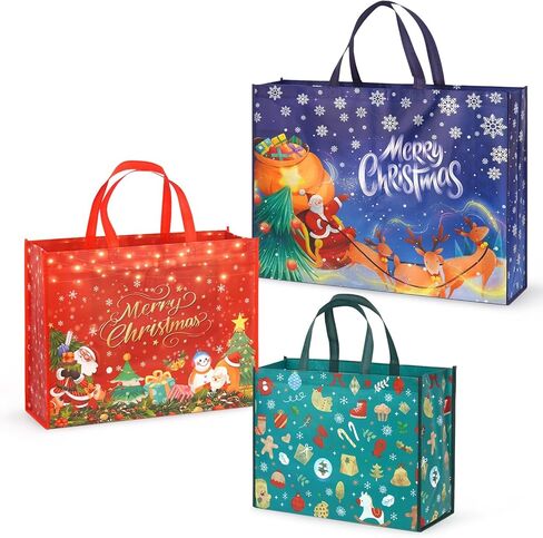16PCS Christmas Gift Bags,Christmas Tote Bags with Handles, Christmas Treat Bags, Multifunctional Non-Woven Christmas Bags for Gifts Wrapping Shopping, Xmas Party Supplies, 12.2×9.8×4.5inch in Saudi Arabia