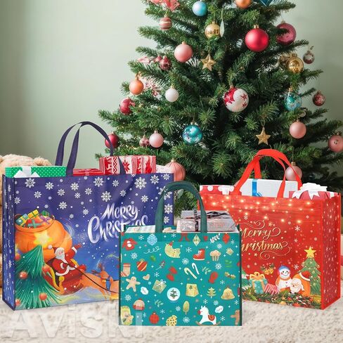 16PCS Christmas Gift Bags,Christmas Tote Bags with Handles, Christmas Treat Bags, Multifunctional Non-Woven Christmas Bags for Gifts Wrapping Shopping, Xmas Party Supplies, 12.2×9.8×4.5inch in Saudi Arabia