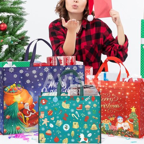 16PCS Christmas Gift Bags,Christmas Tote Bags with Handles, Christmas Treat Bags, Multifunctional Non-Woven Christmas Bags for Gifts Wrapping Shopping, Xmas Party Supplies, 12.2×9.8×4.5inch in Saudi Arabia