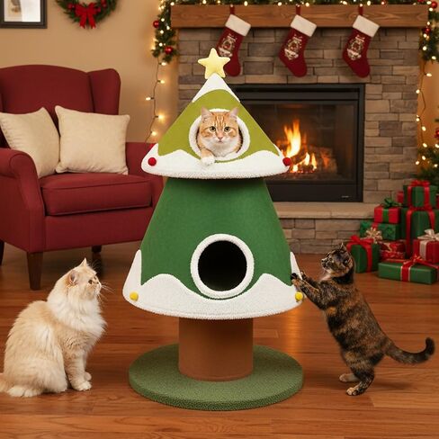 Gradient Christmas Cat Tree, Wide and Thickened Base for Stable and Sturdy, 2 Condos for Multiple Cats, Holiday-Themed Cat Christmas Tree, for Family with Cats in Kuwait