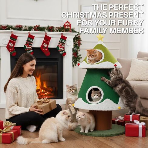 Gradient Christmas Cat Tree, Wide and Thickened Base for Stable and Sturdy, 2 Condos for Multiple Cats, Holiday-Themed Cat Christmas Tree, for Family with Cats in Kuwait