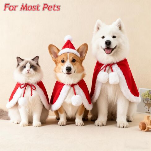 Pet Christmas Costume, Dogs Cats Chicken Duck Goose Cape with Hat Santa Claus Cloak and Xmas Deer with Pom Poms, for Domestic Pet Puppy Cat Gifts Christmas Outfit - Within 20 pounds (Santa) in Saudi Arabia