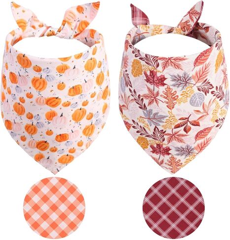 Fall Dog Bandanas 2PCS-Large, Halloween Thanksgiving Pumpkin and Leaf Bibs Scarf, Reversible Buffalo Plaid Triangle Breed, Puppy Bandanas for Large Medium Girl Boy Dogs Pets Gift in Saudi Arabia