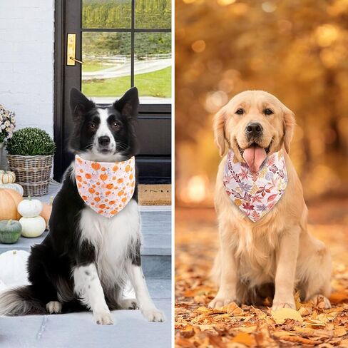 Fall Dog Bandanas 2PCS-Large, Halloween Thanksgiving Pumpkin and Leaf Bibs Scarf, Reversible Buffalo Plaid Triangle Breed, Puppy Bandanas for Large Medium Girl Boy Dogs Pets Gift in Saudi Arabia