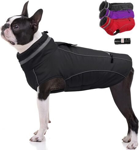 PETDSH Waterproof Dog Coat, Turtleneck Warm Dog Jacket, Dogs Winter Coat with Pocket and Trash Bags, Reflective Puppy Jacket for Winter and Snow (Black,2XL) in Saudi Arabia
