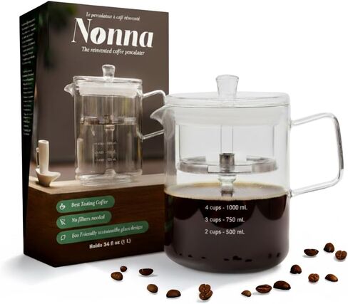 NONNA 2.0 Glass Coffee Percolator - Borosilicate Glass & Stainless Steel Retro Percolator | Eco Friendly Coffee Gift | BPA Free | Stovetop Glass Coffee Percolator (1 Unit) in Saudi Arabia