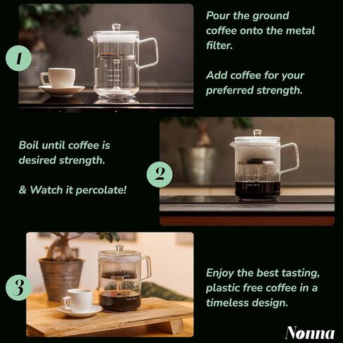 NONNA 2.0 Glass Coffee Percolator - Borosilicate Glass & Stainless Steel Retro Percolator | Eco Friendly Coffee Gift | BPA Free | Stovetop Glass Coffee Percolator (1 Unit) in Saudi Arabia