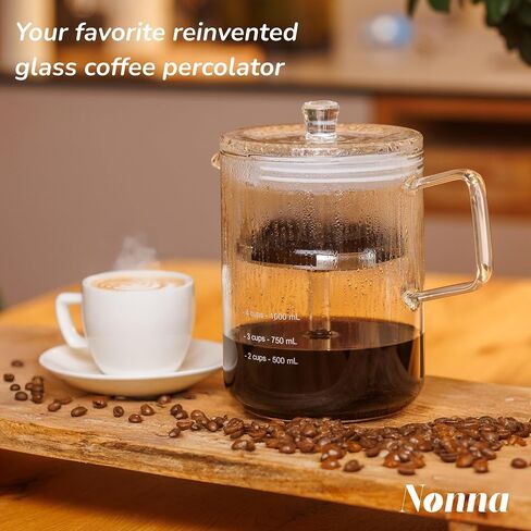 NONNA 2.0 Glass Coffee Percolator - Borosilicate Glass & Stainless Steel Retro Percolator | Eco Friendly Coffee Gift | BPA Free | Stovetop Glass Coffee Percolator (1 Unit) in Saudi Arabia