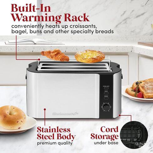 NEW Elite Gourmet ECT4200D محمصة خبز رقمية ذات فتحة طويلة 4 شرائح، شاشة تعمل باللمس، 6 ظلال توست، تذويب، إعادة تسخين وإلغاء الوظائف، فتحات واسعة للغاية 1.5 بوصة، تناسب الخبز التخصصي والخبز والمزيد، غير القابل للصدأ in Kuwait
