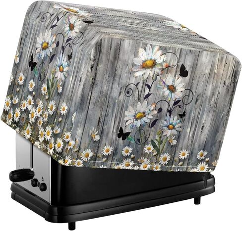 Wood Daisy Print Toaster Dust Cover 4 Slice Wide Slot, Protective Microwave Toaster Oven Cover Drawstring Closure, Machine Washable, Grey in Saudi Arabia