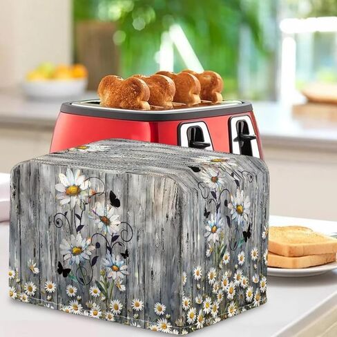Wood Daisy Print Toaster Dust Cover 4 Slice Wide Slot, Protective Microwave Toaster Oven Cover Drawstring Closure, Machine Washable, Grey in Saudi Arabia