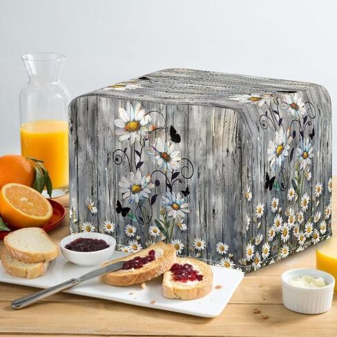 Wood Daisy Print Toaster Dust Cover 4 Slice Wide Slot, Protective Microwave Toaster Oven Cover Drawstring Closure, Machine Washable, Grey in Saudi Arabia