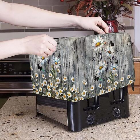 Wood Daisy Print Toaster Dust Cover 4 Slice Wide Slot, Protective Microwave Toaster Oven Cover Drawstring Closure, Machine Washable, Grey in Saudi Arabia