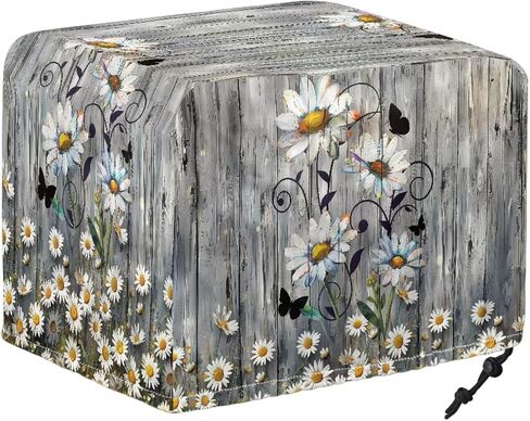 Wood Daisy Print Toaster Dust Cover 4 Slice Wide Slot, Protective Microwave Toaster Oven Cover Drawstring Closure, Machine Washable, Grey in Saudi Arabia