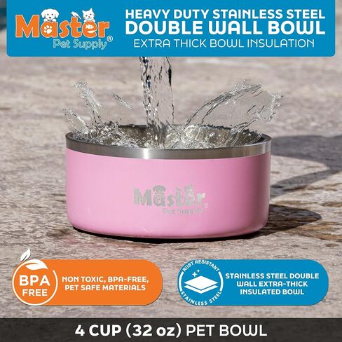 Master Pet Supply Stainless Steel Dog Bowls - 32 oz, Heavy Duty - Hyper Pink, Double Wall Extra-Thick Insulated, Non-Slip Pet Water Bowl for Dogs, Cats & Pets, Anti Rust Metal, Dish Washer Safe in Kuwait