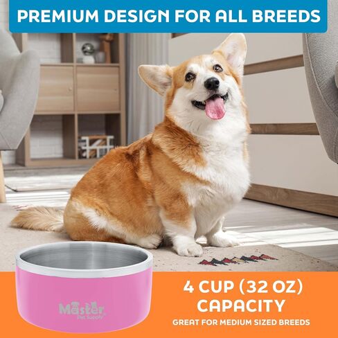 Master Pet Supply Stainless Steel Dog Bowls - 32 oz, Heavy Duty - Hyper Pink, Double Wall Extra-Thick Insulated, Non-Slip Pet Water Bowl for Dogs, Cats & Pets, Anti Rust Metal, Dish Washer Safe in Kuwait