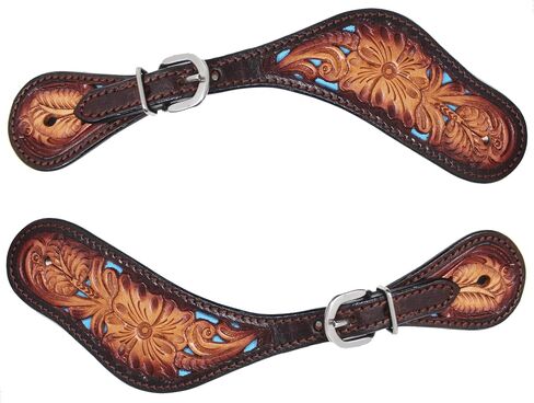 CHALLENGER Horse Western Tack Floral Turquoise Inlay Leather Adjustable Boot Spur Straps 74FK18 in Saudi Arabia