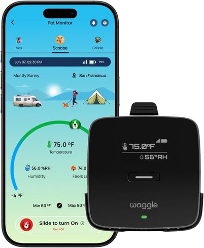 Waggle RV Pet Temperature Monitor – 4G Cellular | Real-Time Alerts for Temperature, Humidity & Power Loss | Dog Safety in RV, Car, or Home | App Controlled | No WiFi - 1Yr Subscription Included in Kuwait