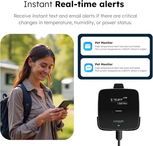 Waggle RV Pet Temperature Monitor – 4G Cellular | Real-Time Alerts for Temperature, Humidity & Power Loss | Dog Safety in RV, Car, or Home | App Controlled | No WiFi - 1Yr Subscription Included in Kuwait