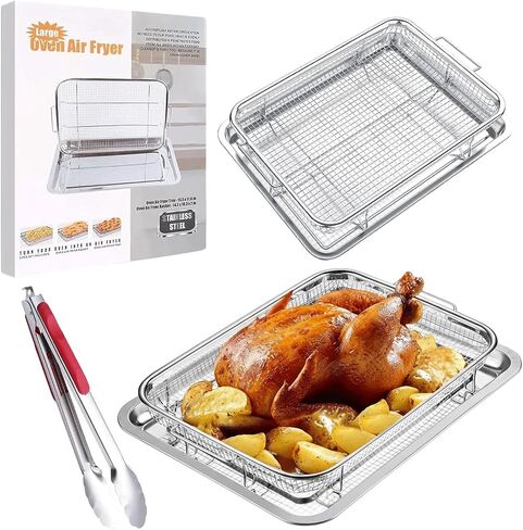 Air Fryer Basket for Oven with a Tong, 2 Set 15.5“ x 11.6“ large Stainless Steel Crisper Tray, Stainless Steel Air Fryer Basket for Grilling & Baking in Saudi Arabia
