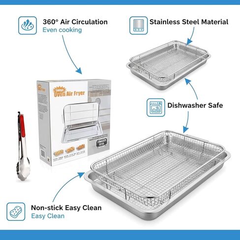 Air Fryer Basket for Oven with a Tong, 2 Set 15.5“ x 11.6“ large Stainless Steel Crisper Tray, Stainless Steel Air Fryer Basket for Grilling & Baking in Saudi Arabia
