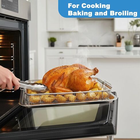 Air Fryer Basket for Oven with a Tong, 2 Set 15.5“ x 11.6“ large Stainless Steel Crisper Tray, Stainless Steel Air Fryer Basket for Grilling & Baking in Saudi Arabia