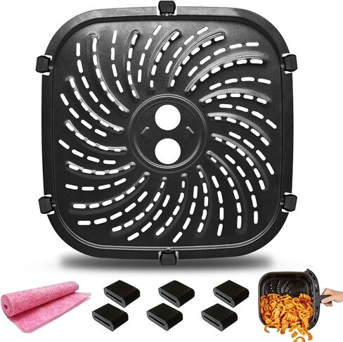 قطع غيار مقلاة الهواء GXF لمقلاة الهواء PowerXL Vortex Pro 8 QT، بيضاوية مقاس 10 بوصة × 10 بوصة من الفولاذ المقاوم للصدأ بدرجة الطعام ملحقات مقلاة شواء ولوحة شواء ورف صينية مع مصدات مطاطية in Kuwait