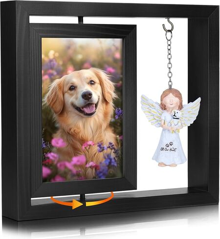 Dog Memorial Gifts for Loss of Dog, Rotating Wooden Picture Frame with Resin Angel Statues for 4x6 Photo, Pet Memorial Gifts for Dog Cat, Pet Loss Sympathy Bereavement Remembrance Keepsake, Black in Saudi Arabia
