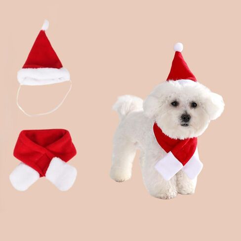 2PCS Cat Christmas Costume Set, Santa Hat with Adjustable Tie & Scarf Outfit, Festive Holiday Outfit for Puppy Kitten Christmas Parties & Photos, Medium in Saudi Arabia
