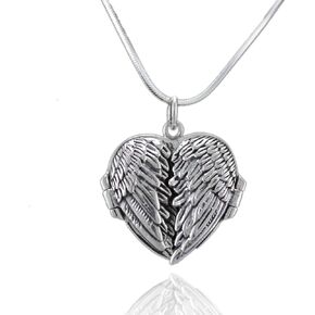 Sterling Silver 925 Angel Wings Flying Heart Locket Pendant Necklace,18" Snake Chain