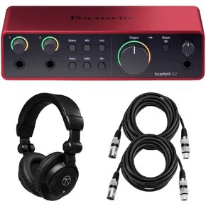Focusrite Scarlett 2i2 4th Gen 2x2 USB Audio Interface Bundle with Headphones and 2 XLR Cables, For PC & MAC, Great for Music Recording and Podcast (4 Items)