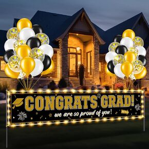 2024 راية التخرج زينة الحفلات مع ضوء LED، التخرج تهنئة التخرج راية ساحة الزينة في الهواء الطلق، مجموعة بالونات التخرج راية للمدرسة الثانوية كلية حفلة التخرج الأزرق in Kuwait